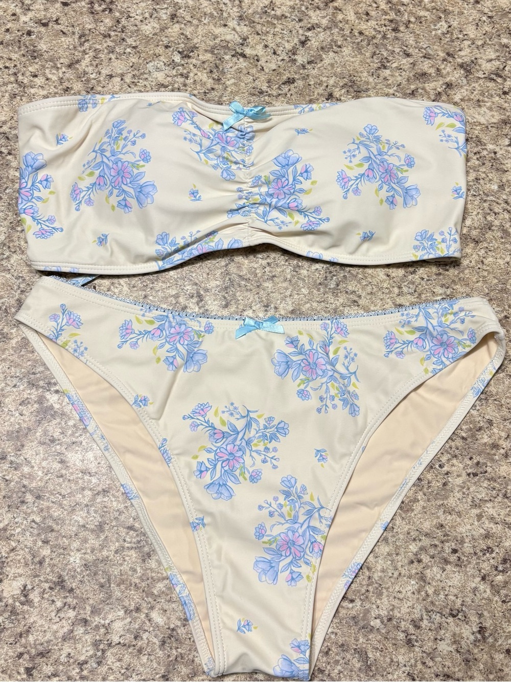 Amanda Uprichard Cream Floral Bandeau Bikini with Blue and Pink Accents